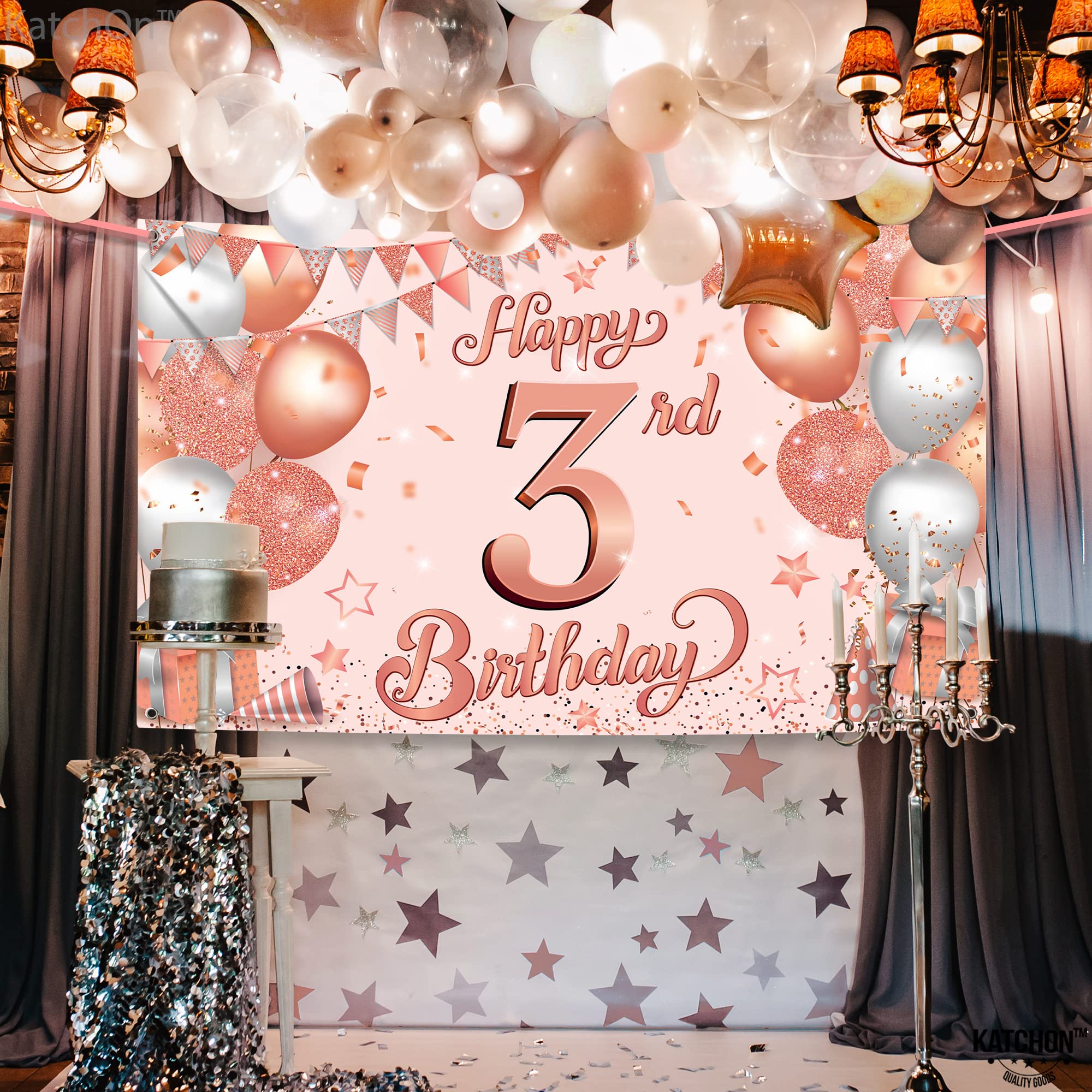 KatchOn Rose Gold Happy 3rd Birthday Banner - Extra Large 72x44 Inch | Elegant Rose Gold Birthday Party Decorations for Girls | Premium 3 Year Old Birthday Backdrop | Perfect for Birthday Photoshoots, Party Decor & Milestone Celebrations