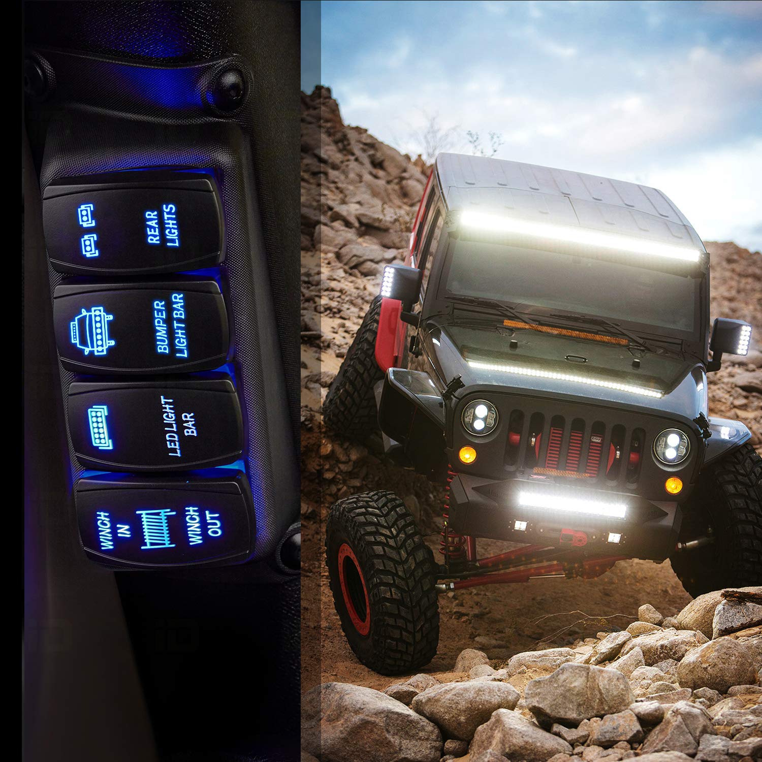 Nilight NI-RS05 5-Pin LED Light Bar Rocker Switch with Laser Engraving - 20A/12V 10A/24V On/Off Switch Kit with Jumper Wires (Blue) - 2 Year Warranty - Perfect for Off-Road Trucks, ATVs, Boats & Marine Lighting Systems