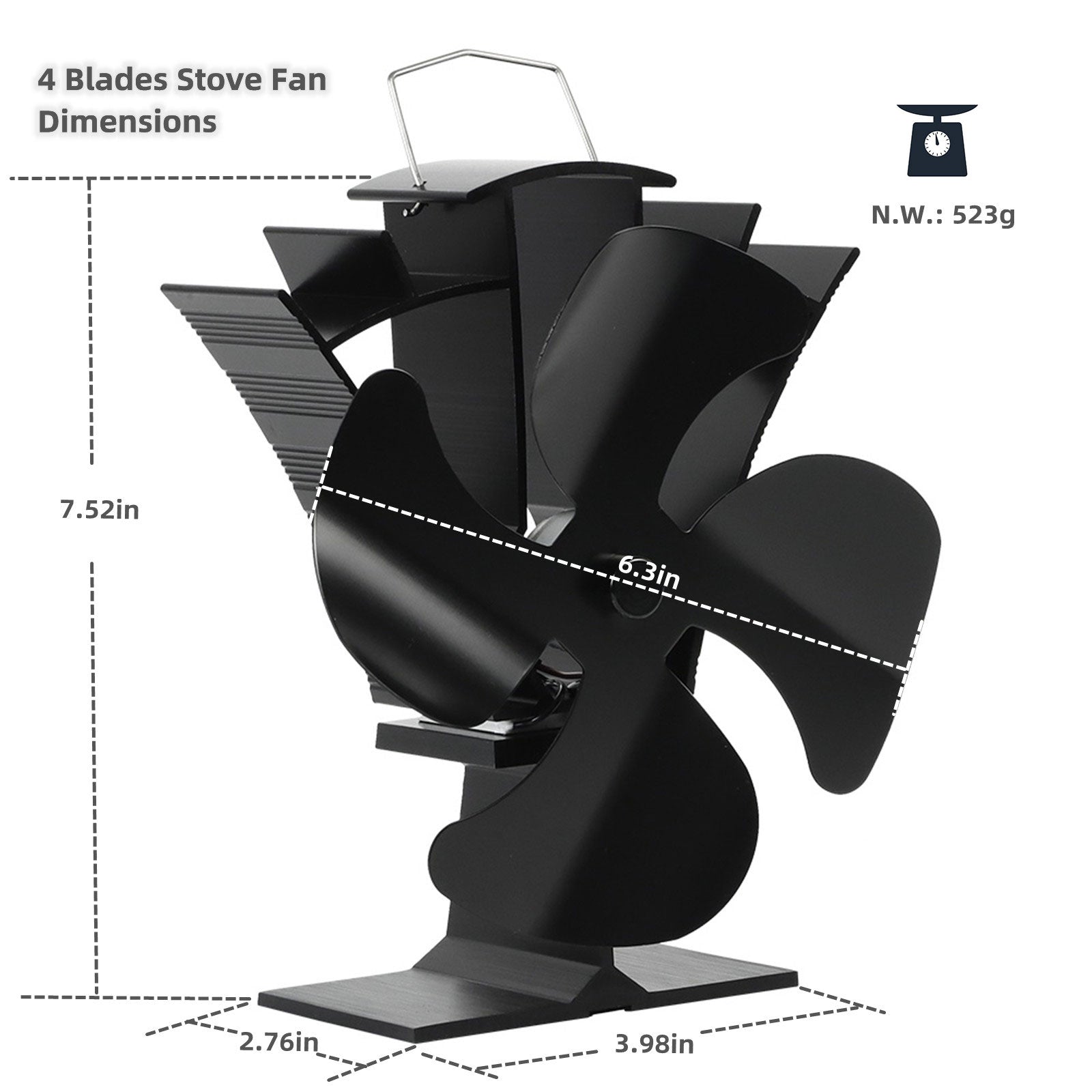 4 Blade Stove Fan VDSF684B - Efficient Heat Circulation for Fireplace, Wood Stove & Home Heating - Quiet & Energy Saving Eco-Friendly Design