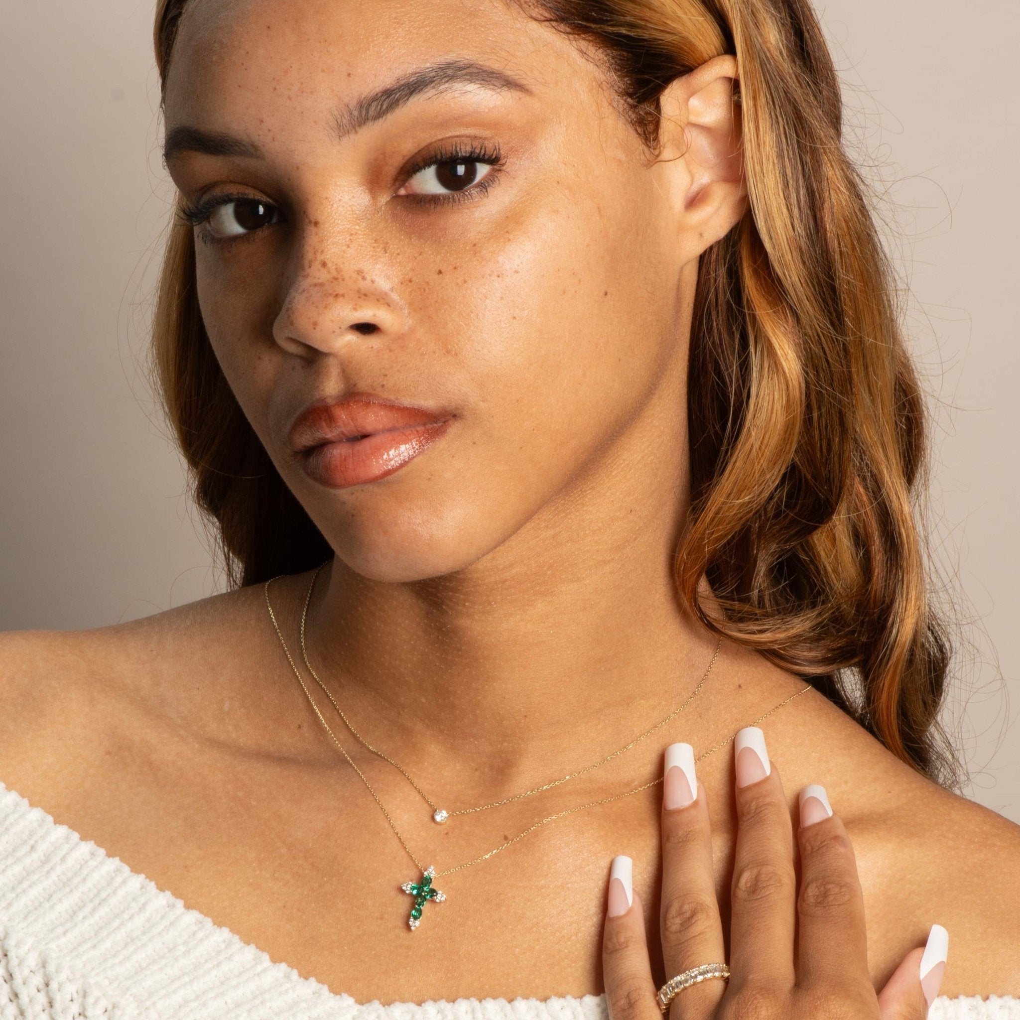 10k Yellow Gold Emerald and White Sapphire Cross Pendant Necklace for Women - Elegant Religious Jewelry Gift for Baptism, First Communion & Everyday Wear