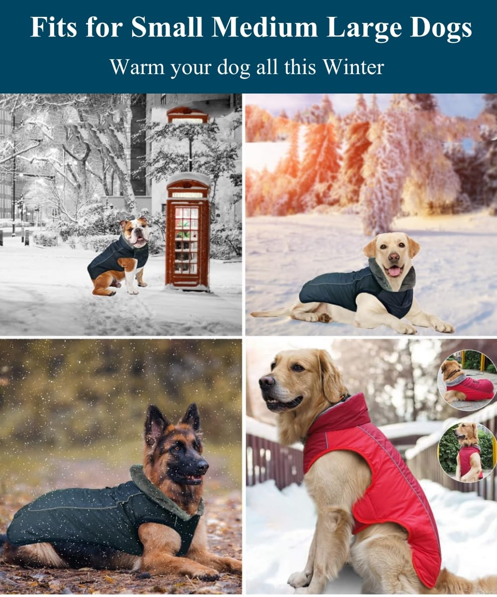 Waterproof Reflective Dog Winter Coat with Leash Hole - Adjustable Cold Weather Jacket for Small, Medium & Large Dogs - Warm Snowsuit for Outdoor Walks, Hiking & Winter Adventures