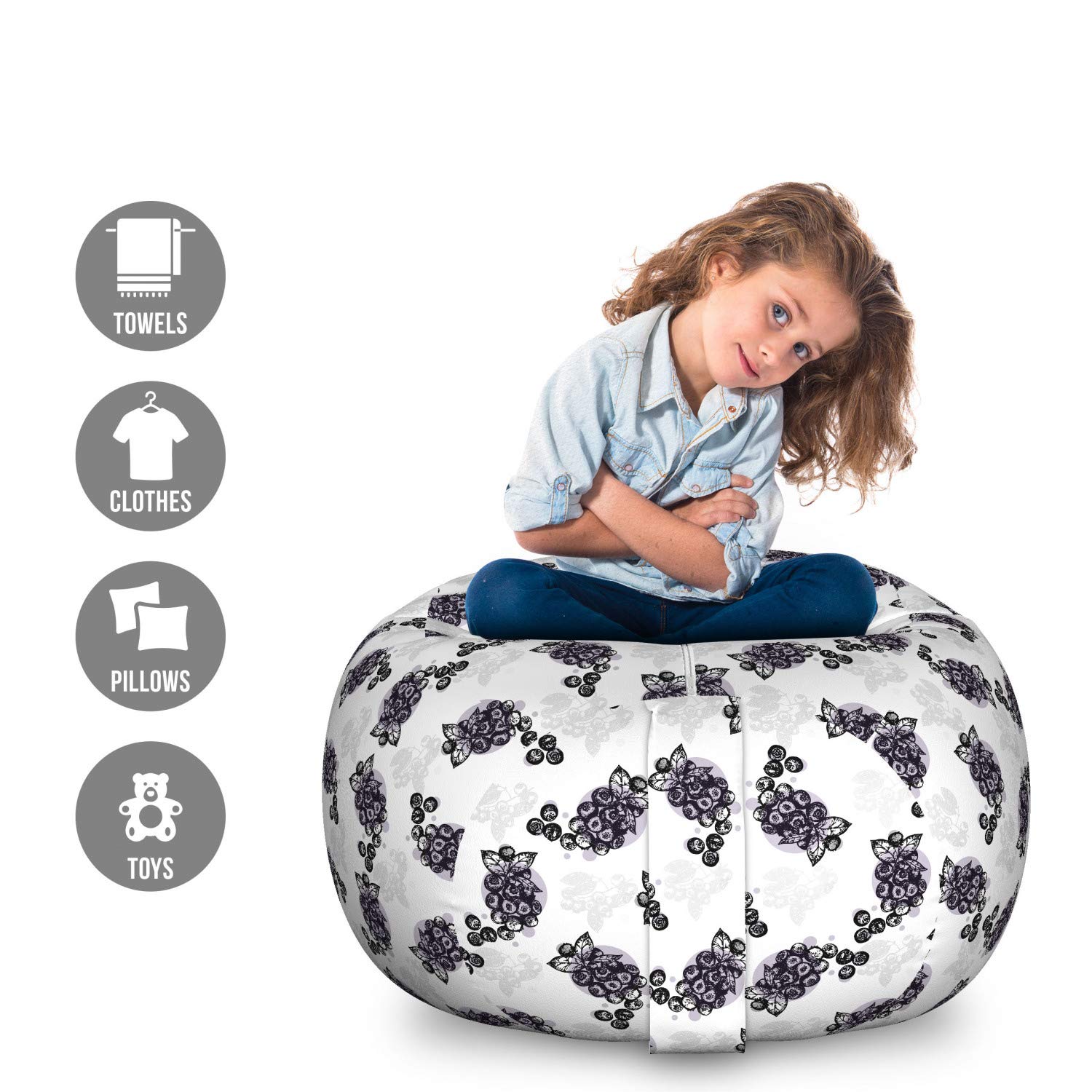 Ambesonne Blueberry Silhouette Art Toy Storage Bag Chair - Large Washable Stuffed Animal Organizer with Sketchy Fruit Pattern, Grey Multicolor - Perfect for Kids' Room, Playroom & Nursery Organization
