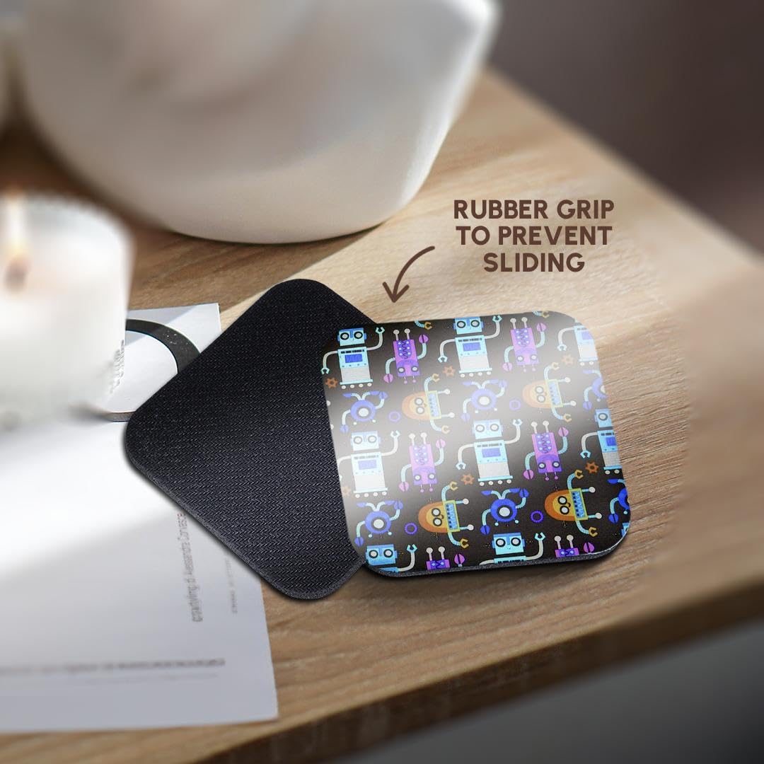 3D Rose Set of 4 Soft Coasters - Blue Orange Purple Robots Design on Black Background | Perfect for Coffee Mugs, Beer Glasses & Home Decor