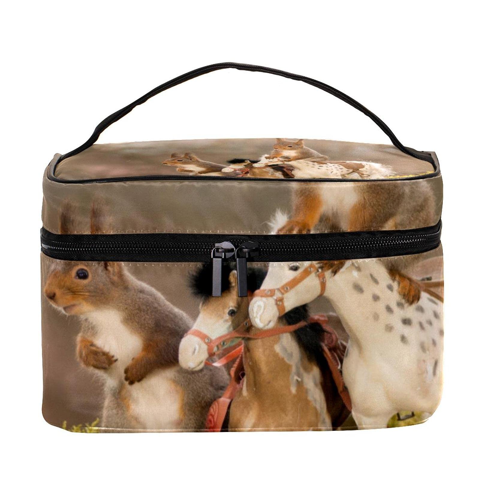 Animal Print Snow Squirrel & Toy Horse Travel Makeup Bag - Large Cosmetic Organizer with Zipper for Women & Girls - Perfect for Travel, Gym, and Daily Essentials Storage