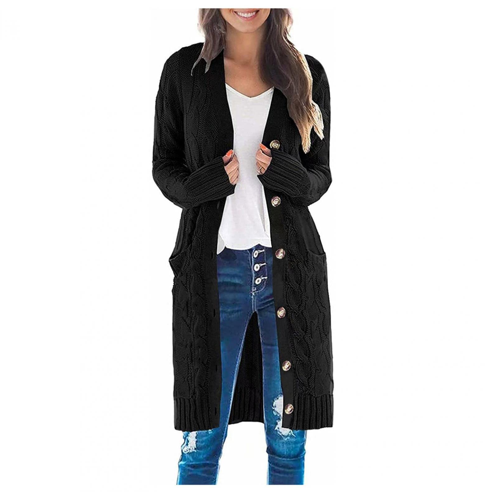 Masbird Women's Long Sleeve Button Down Cable Knit Cardigan Sweater with Pockets - Cozy Fall & Winter Layering Piece for Office, Casual Outings and Home Comfort