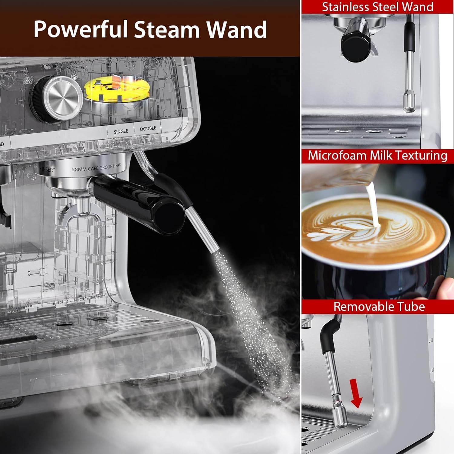 20 Bar Semi-Automatic Espresso Machine with Built-in Grinder & Milk Frother - 95oz Removable Water Tank, Professional Coffee Maker for Home & Office (Silver) - Perfect for Espresso, Cappuccino & Latte Lovers