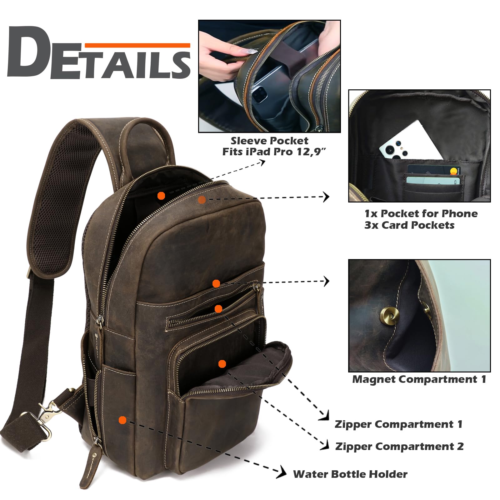 Premium Full Grain Leather Sling Chest Bag for 12.9