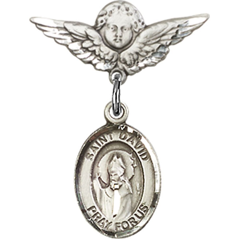 Sterling Silver Baby Badge with St. David of Wales Charm & Angel Wing Pin - 7/8