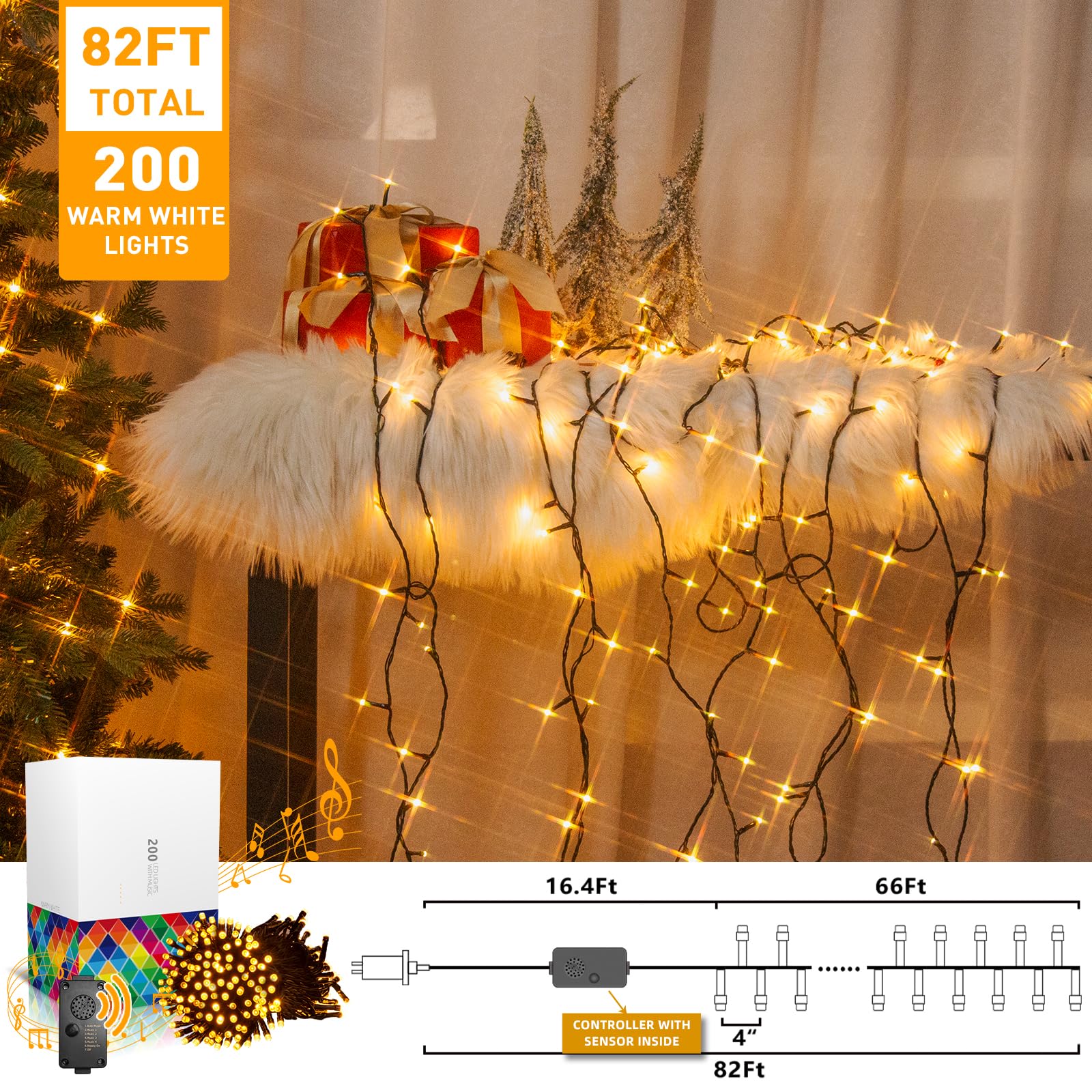 EAMBRITE 82 Ft 200 LED Christmas Lights with Music & Motion Sensor - Warm White Outdoor String Lights for Christmas Tree, Party, Patio, Garden Decor - Perfect for Holiday, Wedding, and Home Decoration