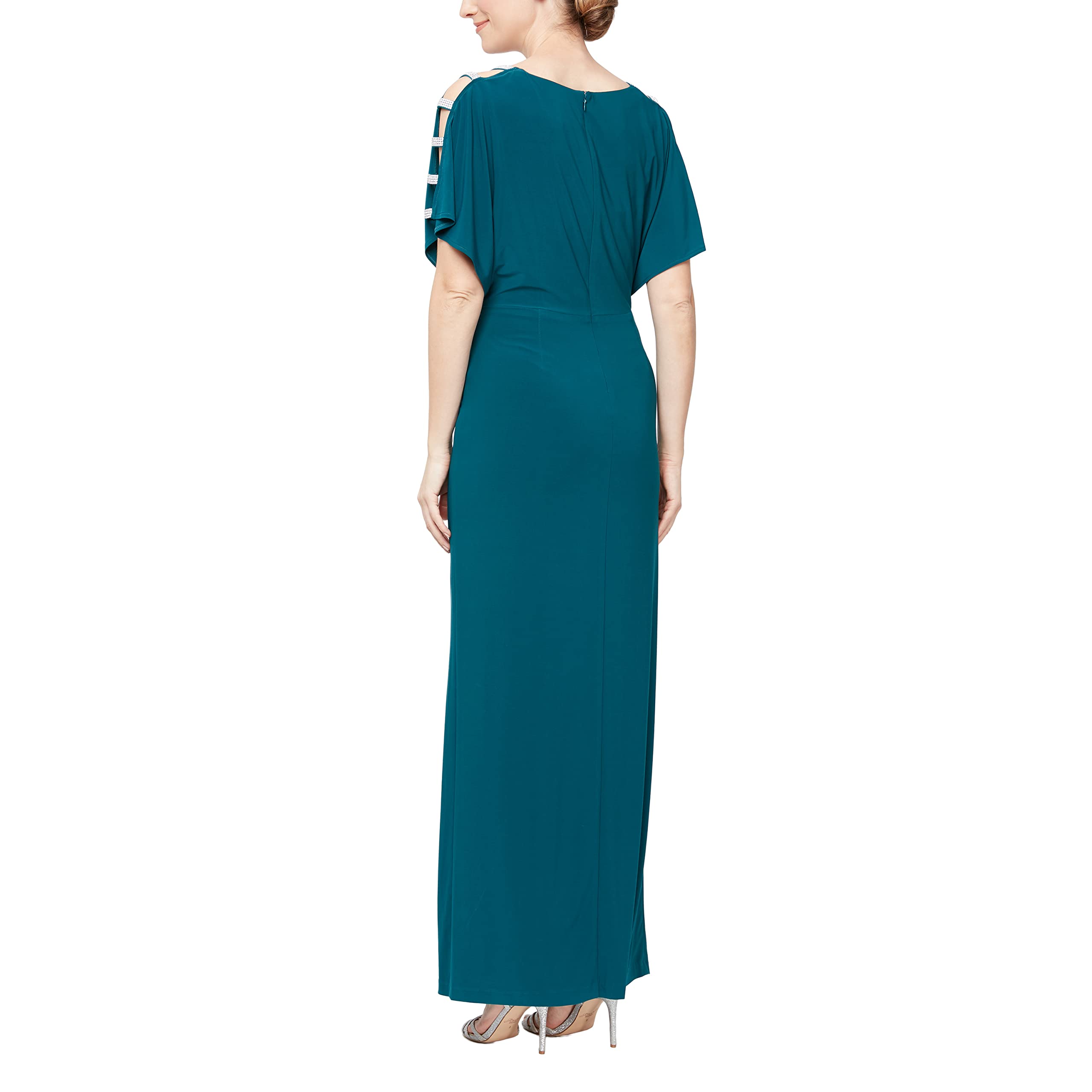 Alex Evenings Women's Long V-Neck Knot Front Wedding Guest Dress with Cold Shoulder Sleeves - Elegant Formal Gown for Bridal Party, Evening Events & Special Occasions (Petite & Regular Sizes)