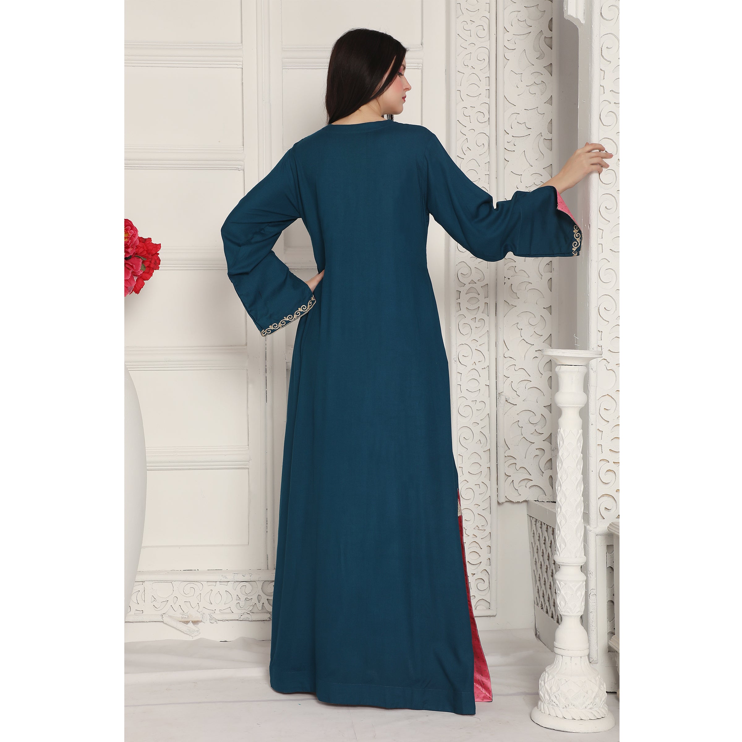 Elegant Peacock Blue Arabic Kaftan Farasha Dress - Perfect for Eid, Weddings & Special Occasions