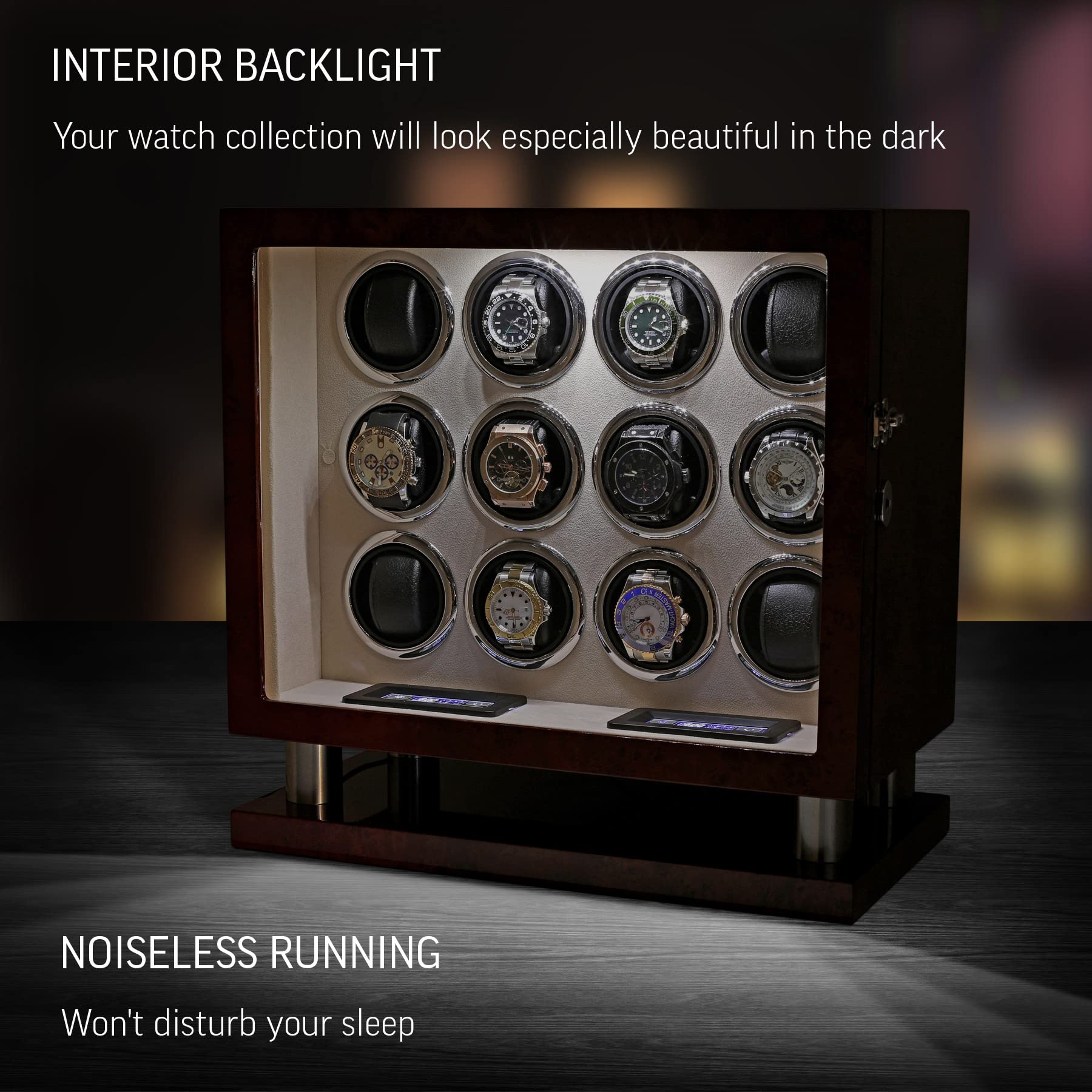 12 Watch Winder for Automatic Watches with LED Light & LCD Touchscreen Control - Perfect for Watch Collectors, Display Cases & Luxury Watch Storage