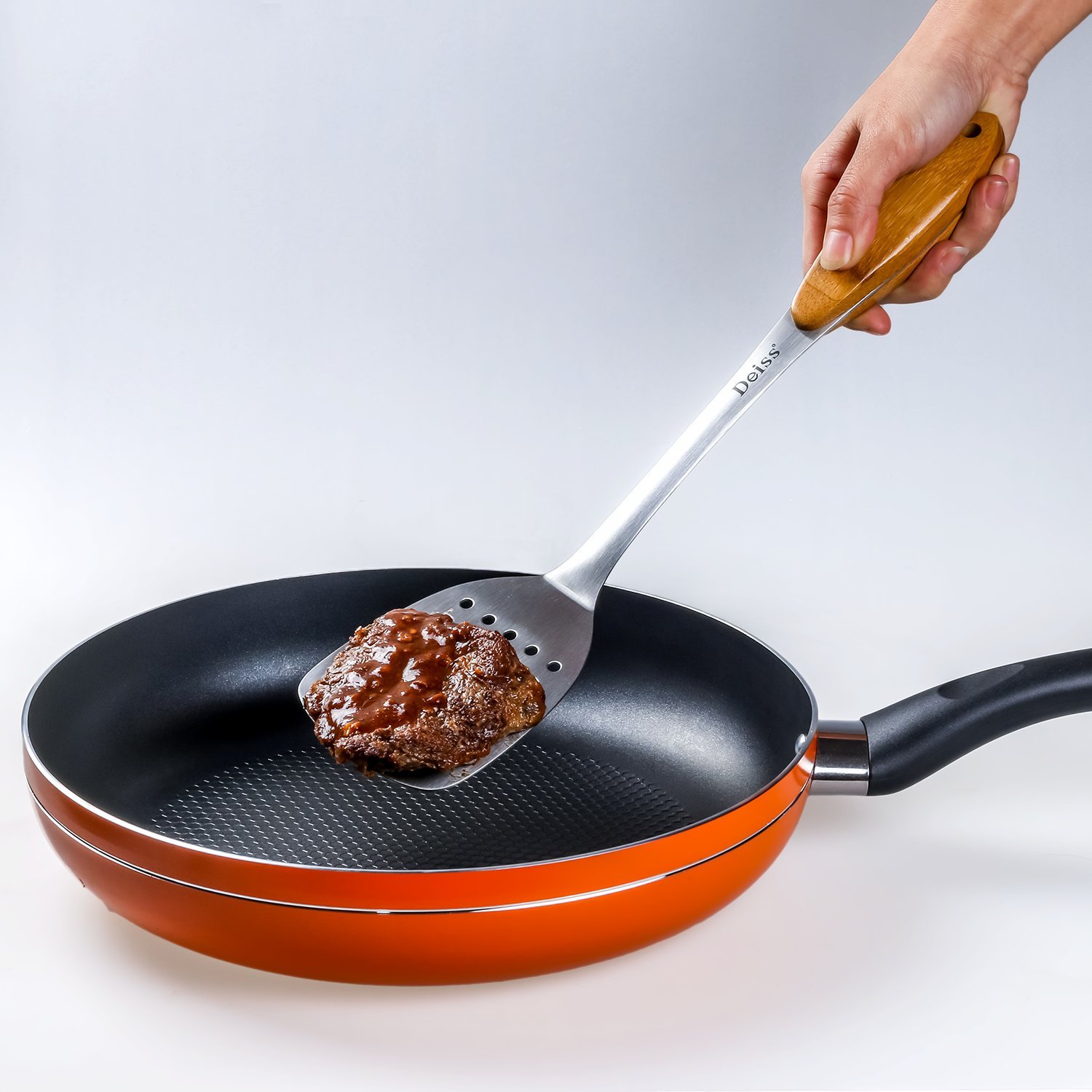 Premium Deiss PRO Metal Spatula with Ergonomic Wooden Handle - Professional Kitchen Turner for Flipping Pancakes, Scraping Bowls & Cooking Meat - Heat-Resistant Fish Spatula for Grilling, Baking & Mixing Eggs - Perfect for Home Chefs & Restaurant Use