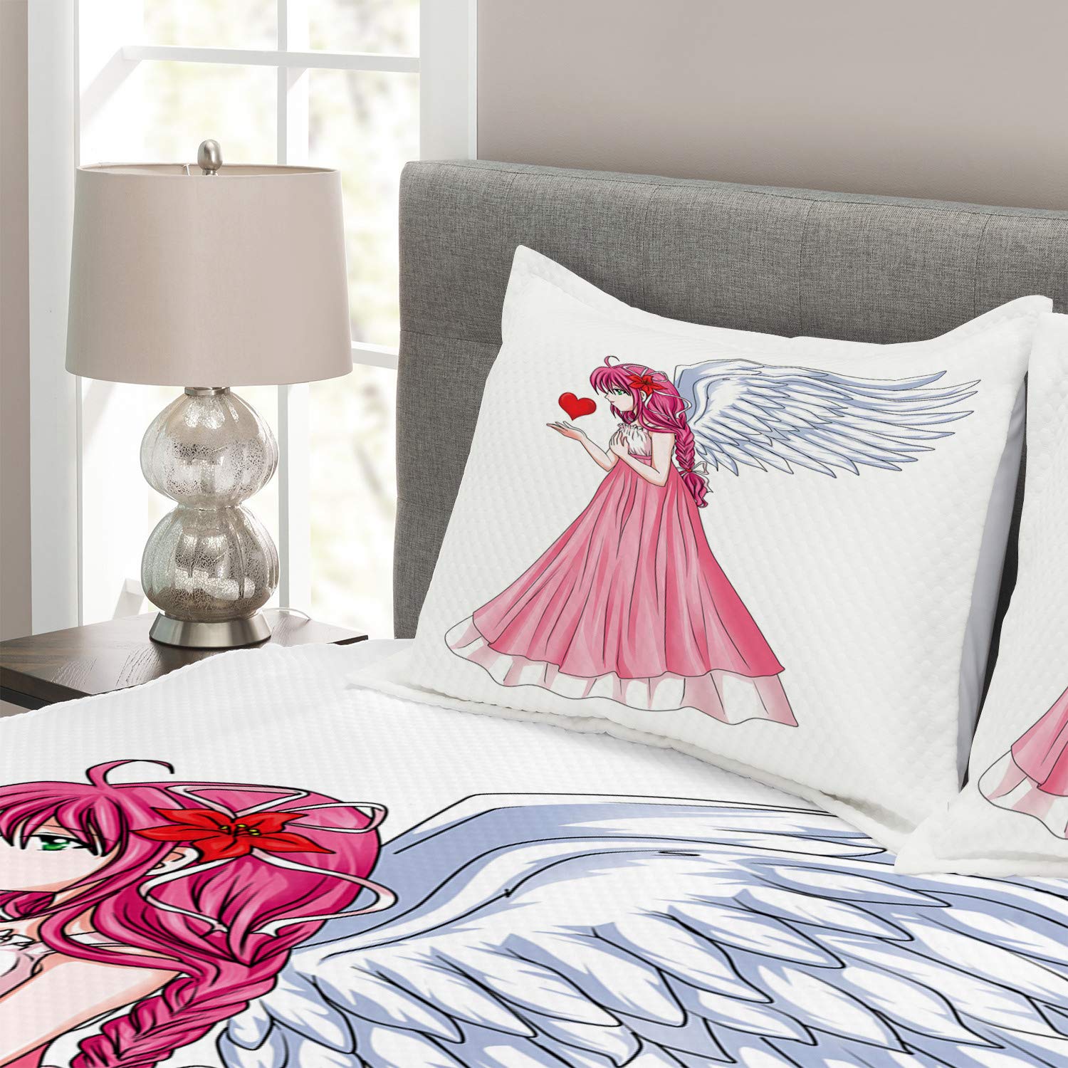 Ambesonne Anime Bedding Set - Pink Dress Character Holding Heart, Romantic Valentine's Day 3-Piece Comforter Cover with 2 Pillow Shams, King Size White Pink Red - Perfect for Anime Lovers' Bedroom Decor & Valentine's Gift