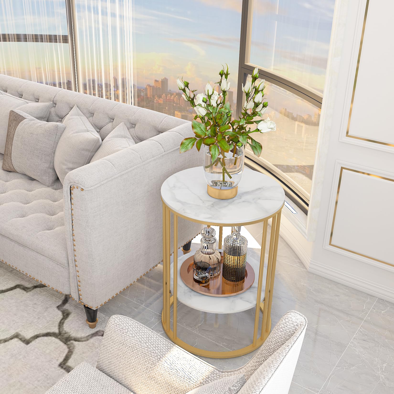Wisfor Sintered Stone End Table - 2 Tier Round White Side Table with Golden Frame - Modern Small Coffee Table & Nightstand for Living Room, Bedroom - Perfect for Holding Drinks, Books & Decor