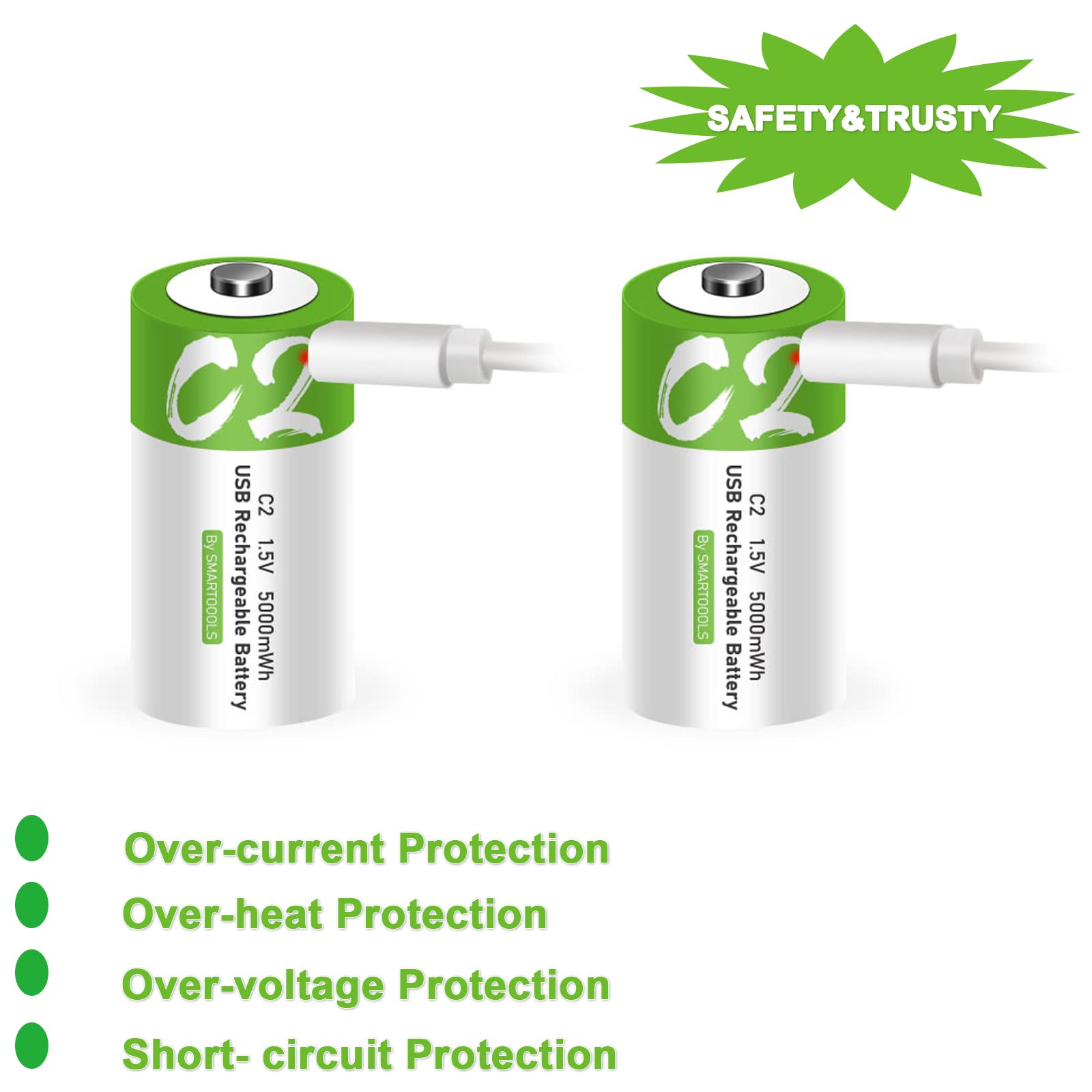 4 Pack Rechargeable C Batteries 5000mWh - 1.5V Lithium Ion C Cell Batteries with USB Type-C Charging for Flashlights, Toys, Clocks & Emergency Devices