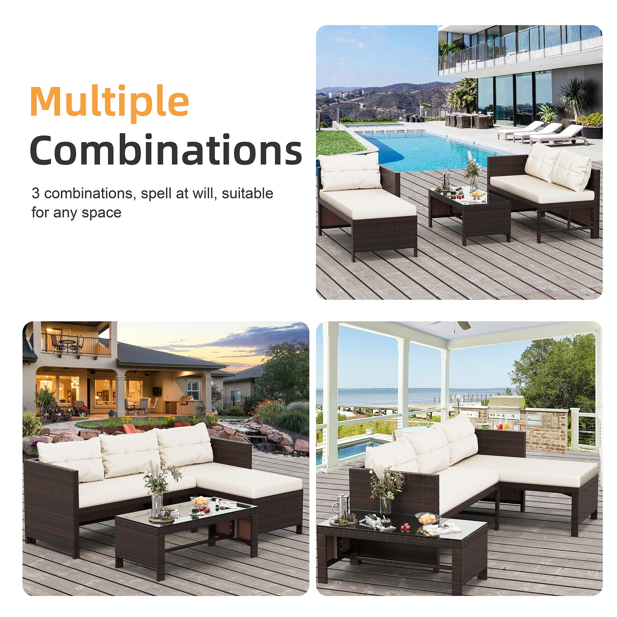 Shintenchi 3-Piece All-Weather Wicker Patio Furniture Set - Outdoor Sectional Sofa with Glass Coffee Table & Cushions (Beige) | Perfect for Backyard, Garden, Poolside & Patio Relaxation