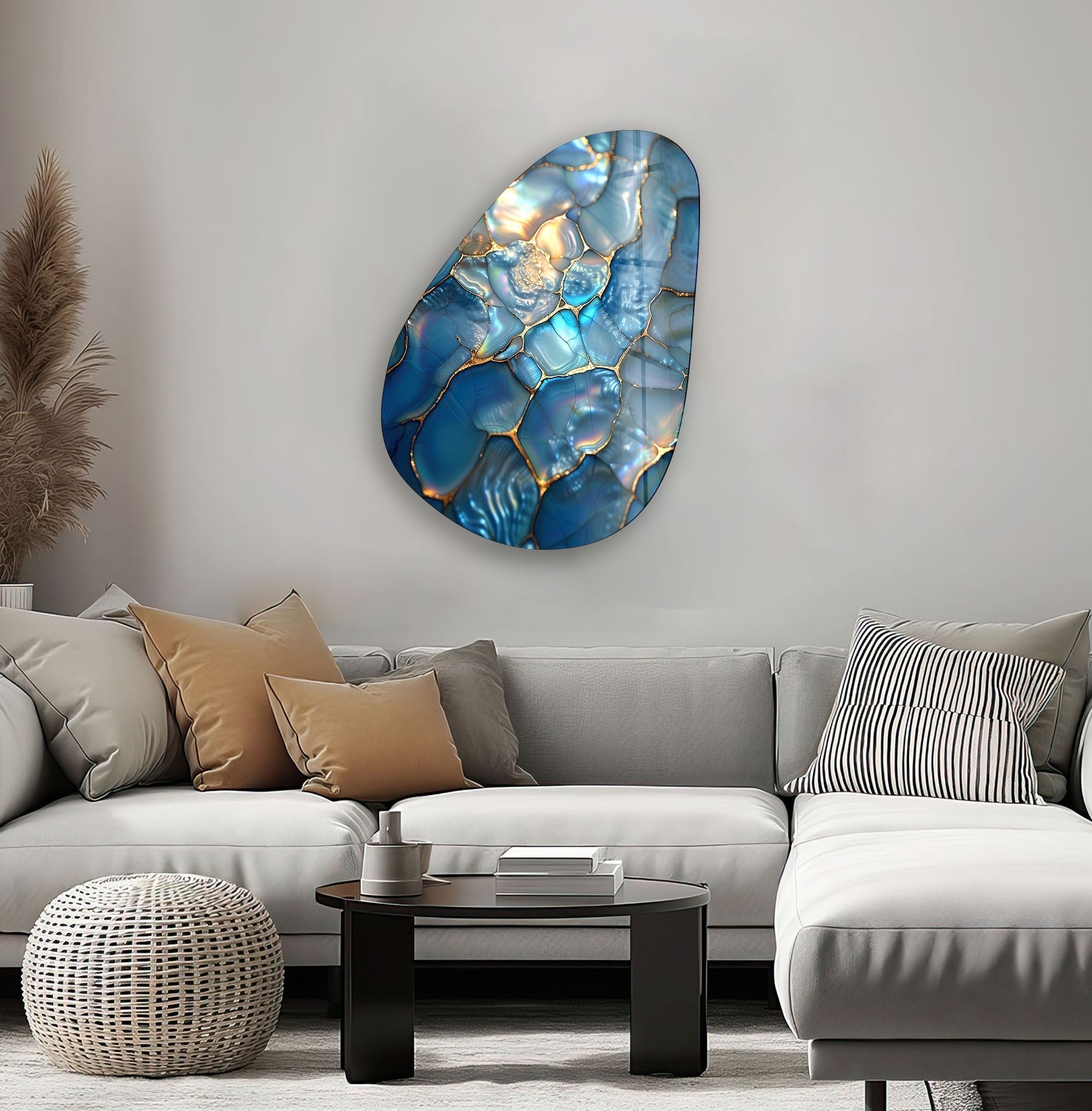 Modern Asymmetrical Oval Shiny Cracked Glass Wall Art - Elegant Home Decor for Living Room, Bedroom & Office