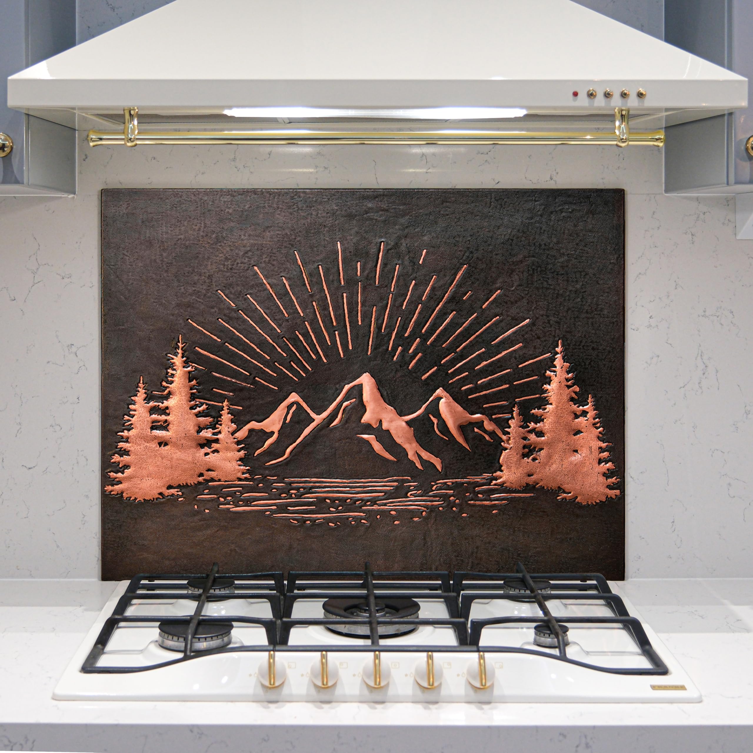 Handmade Copper Kitchen Backsplash Tile - Rising Sun Mountain Scene Wall Decor for Indoor & Outdoor Use | Nature-Inspired Black Copper Backsplash Panel for Modern Kitchens, Bathrooms & Patios
