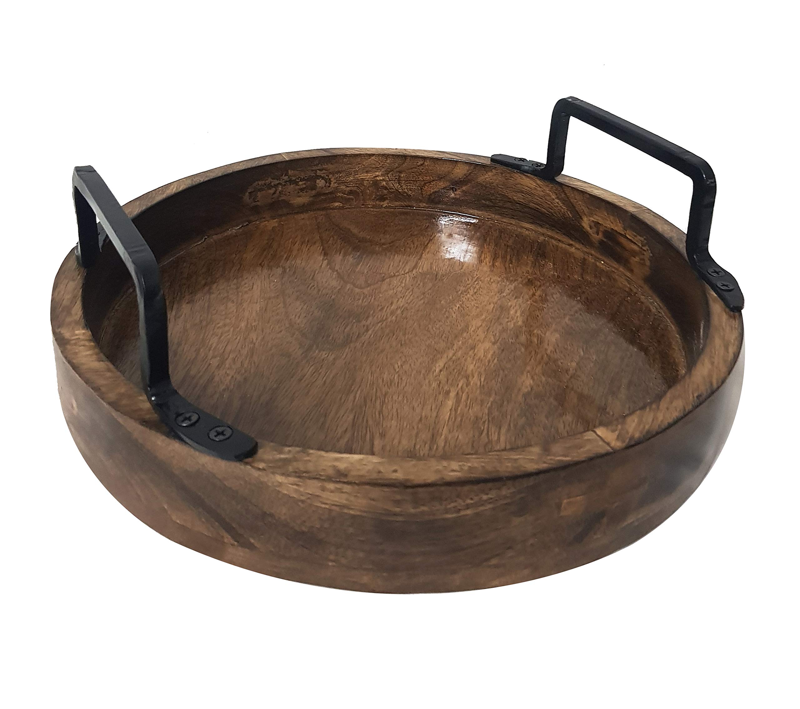 Handcrafted Rustic Wooden Serving Trays Set of 2 - Round Antique Brown Wood Trays with Handles for Kitchen, Dining, Coffee Table Decor & Entertaining