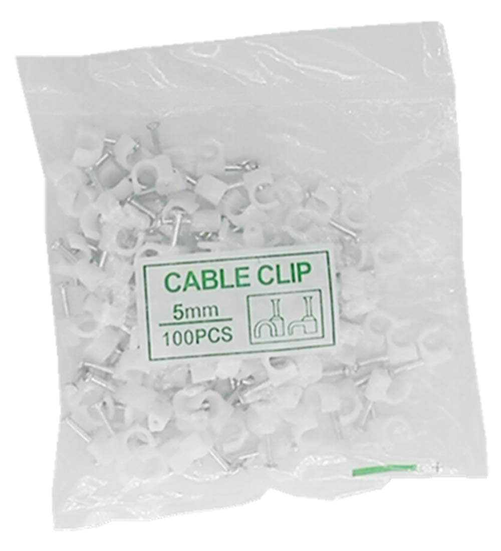 Mazuu 100-Pack White Round Cable Clamps with Steel Nails (5mm) - Secure Wires & Cables for Home, Office & DIY Organization