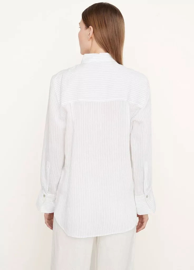 Men's Fine Stripe Relaxed Long Sleeve Casual Shirt - Optic White & Black Stripe - Perfect for Office, Business Meetings & Smart Casual Outfits