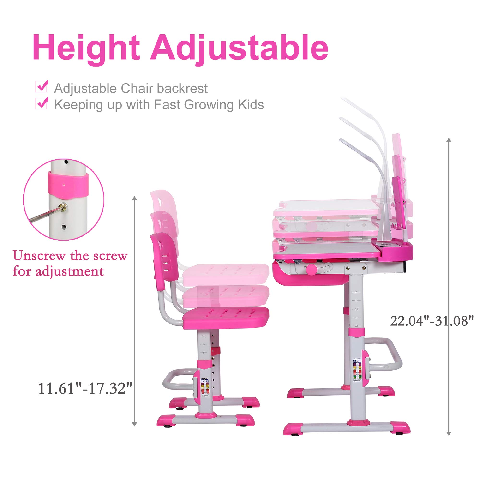 Adjustable Kids Desk and Chair Set with LED Light & Storage Drawer - Ergonomic Study Table for Children, Tilt Desktop & Book Stand - Perfect for Homework, Drawing & Online Learning (Pink)
