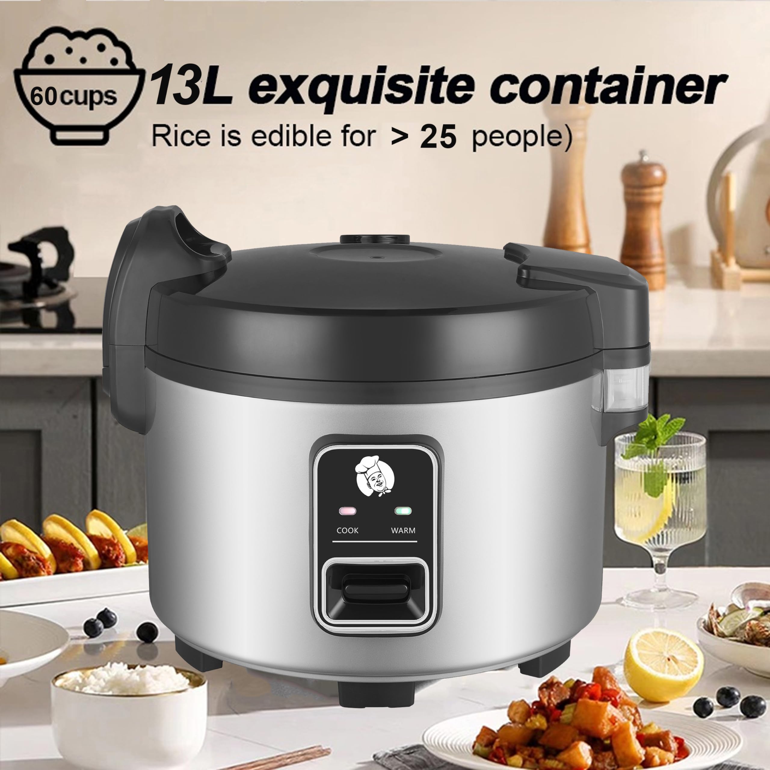 13L Commercial Rice Cooker & Warmer - 60 Cups Cooked (30 Cups Raw) - 1350W Fast Cooking, Auto Keep Warm - Large Capacity for Restaurants, Catering, Buffets & Events (Black) - Perfect for High Volume Rice Cooking Needs