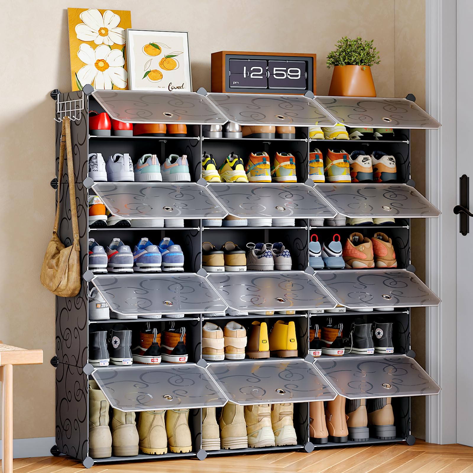 MAGINELS 48-Pair Shoe Storage Organizer Cabinet with Door - Large DIY Plastic Detachable Shoe Rack for Entryway, Bedroom, Closet - Space Saving Shoe Shelf for Men, Women & Kids (Black) | Perfect for Small Spaces & Shoe Organization