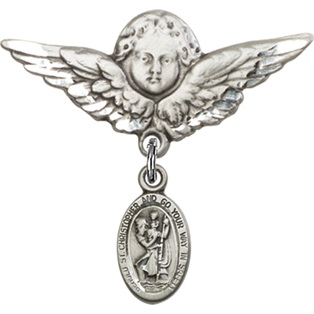 St. Christopher Sterling Silver Baby Badge with Angel Wing Charm - 1 1/8 Inch Religious Pin for Christening, Baptism & Baby Blessing Gifts