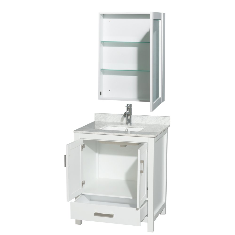 Wyndham Collection Sheffield 30 Inch White Single Bathroom Vanity with White Carrara Marble Countertop, Undermount Square Sink & Medicine Cabinet - Perfect for Modern Bathrooms, Small Spaces & Home Renovations
