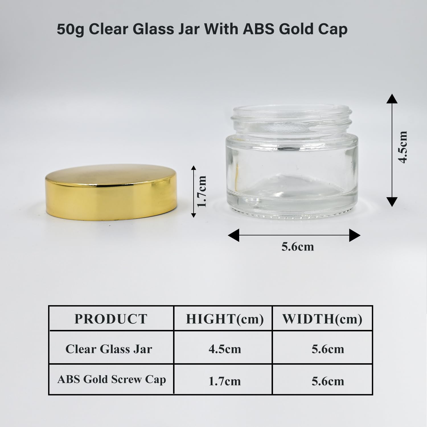 50ml Clear Round Empty Glass Cosmetic Jars with Gold Cap & White Lids - 3 Pack | For Creams, Balms, Face Scrubs & Body Lotions | Perfect for DIY Skincare, Travel Size Products & Gift Packaging