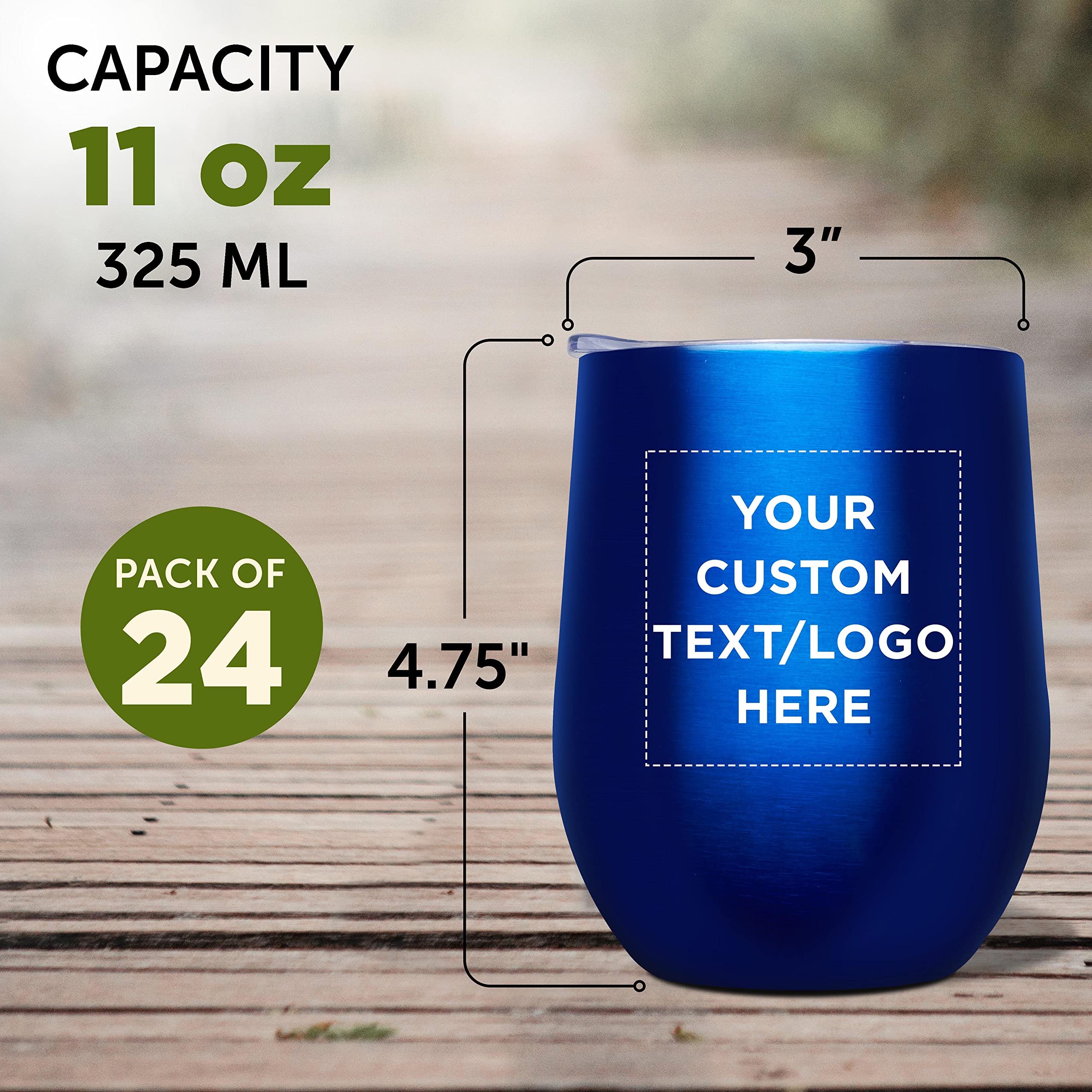 Custom 11 oz Stemless Wine Glasses with Lids - Set of 24 Personalized Tumblers for Wine, Cocktails & Beverages - Bulk Pack for Parties, Weddings & Events - Blue