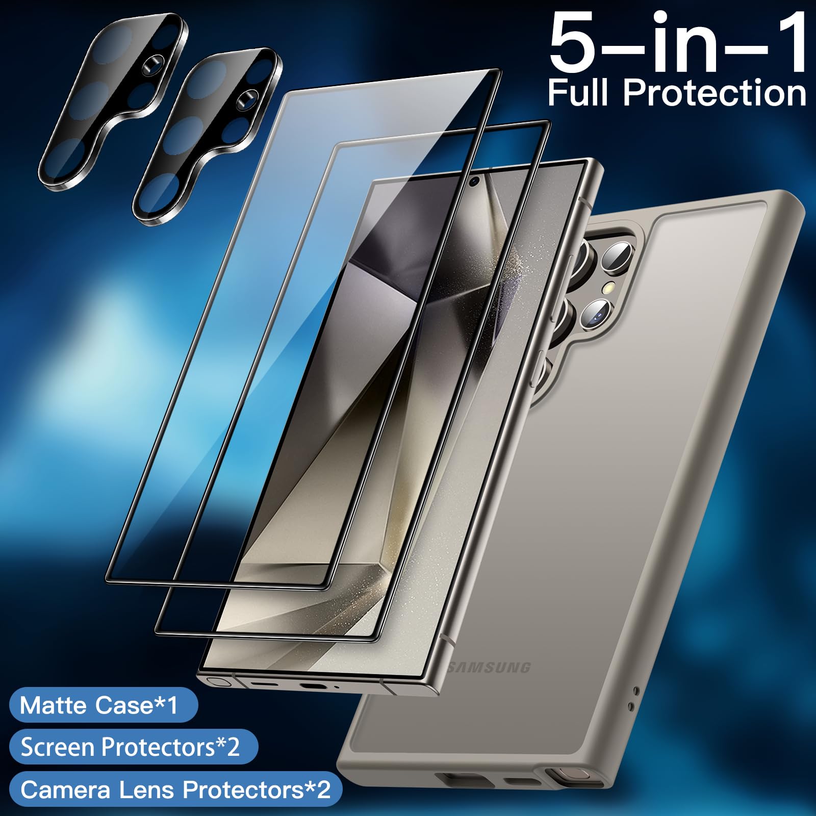 JETech 5-in-1 Matte Case for Samsung Galaxy S24 Ultra 5G - Shockproof Protective Phone Cover with 2-Pack Tempered Glass Screen Protector & Camera Lens Protector, Translucent Back Design (Titanium Gray) | Perfect for Work, Travel & Everyday Protection