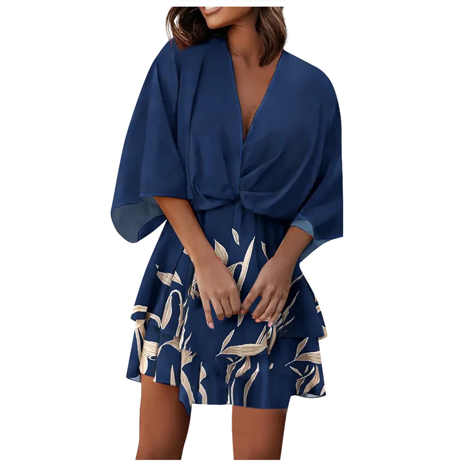 Women's Plus Size Floral Print Mini Dress with V-Neck & Cinched Waist - Elegant Short Sleeve Party Dress for Casual Outings, Date Nights & Summer Events