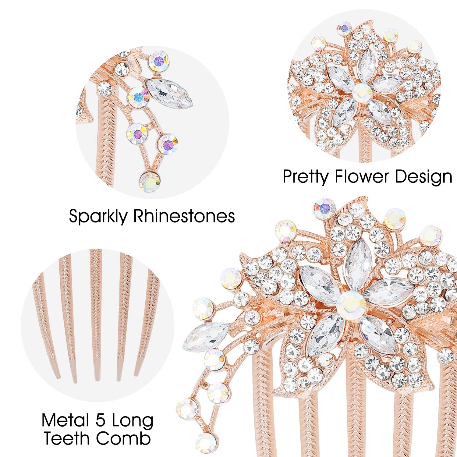 Luxury 6 Pack Glitter Rhinestone Hair Clips with Teeth - Gold Metal Crystal Flower Hairpins for Women & Girls - Perfect for Weddings, Parties, and Updos