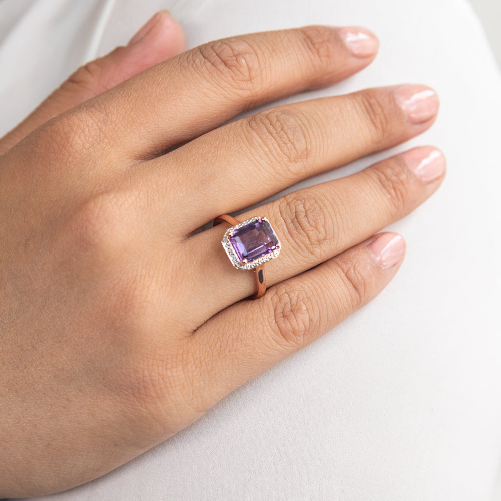 9ct Rose Gold Amethyst and Diamond Emerald Cut Ring for Women - Elegant Wedding, Engagement & Anniversary Jewelry Gift