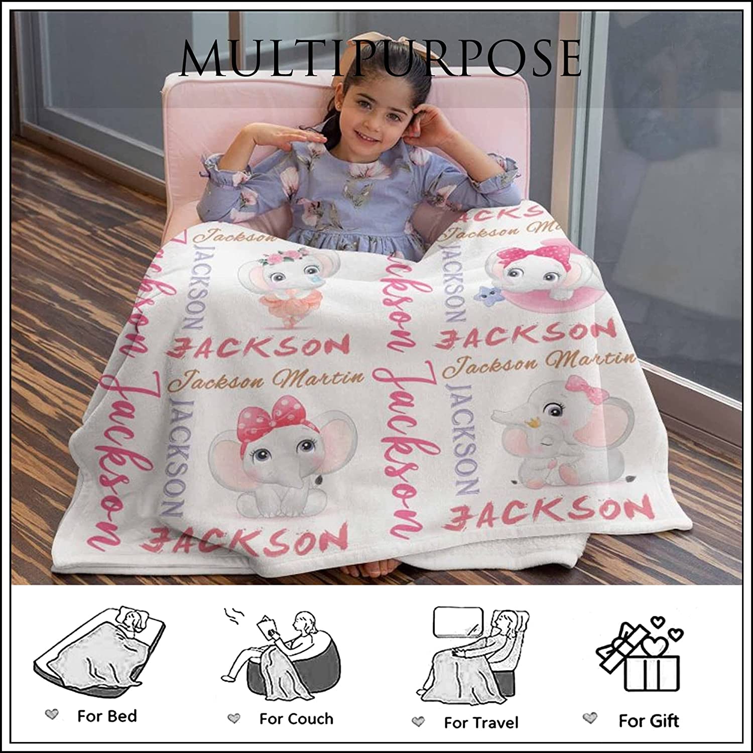 Personalized Baby Blanket with Name - Custom Monogram Elephant Blanket for Boys & Girls, Soft Receiving Blanket for Newborn Toddler Kids | Perfect for Baby Showers, Birthdays & Nursery Decor