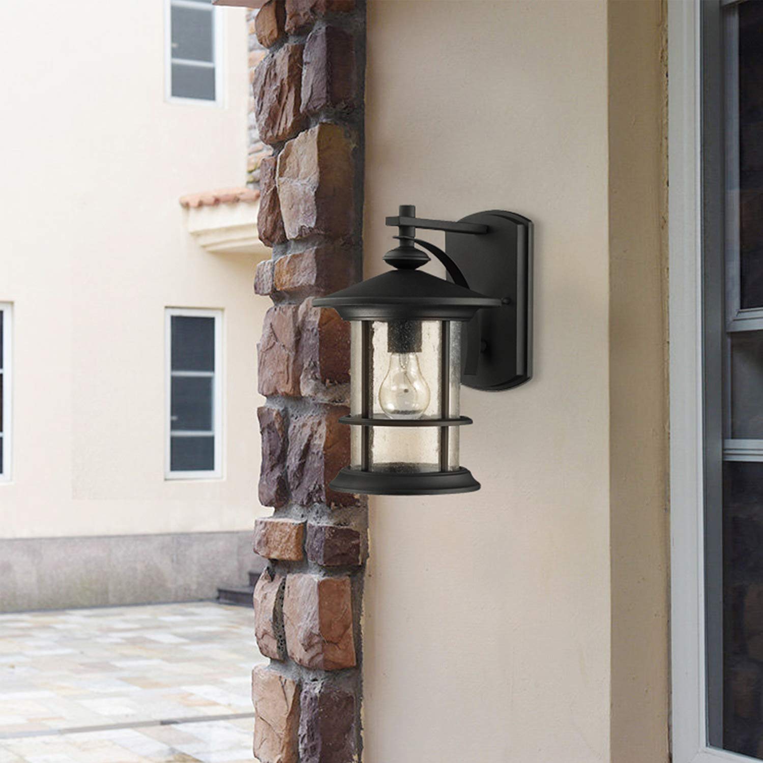 MICSIU Textured Black Outdoor Wall Sconce 2 Pack - Waterproof Exterior Wall Light Fixtures with Clear Seedy Glass, 10