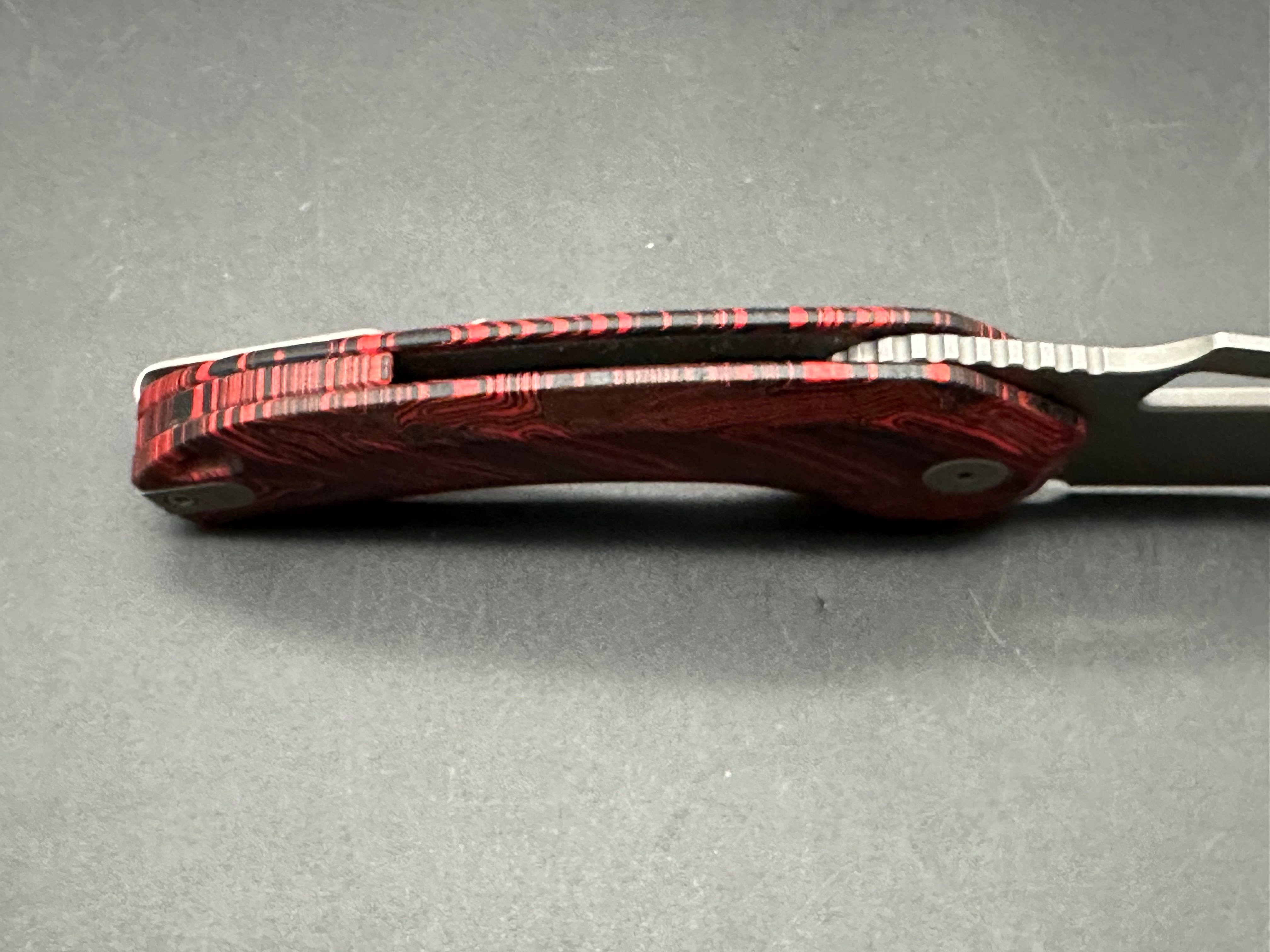 Damned Designs Djinn XL Liner Lock Folding Knife - Red/Black Damascus Steel Blade, 3.5