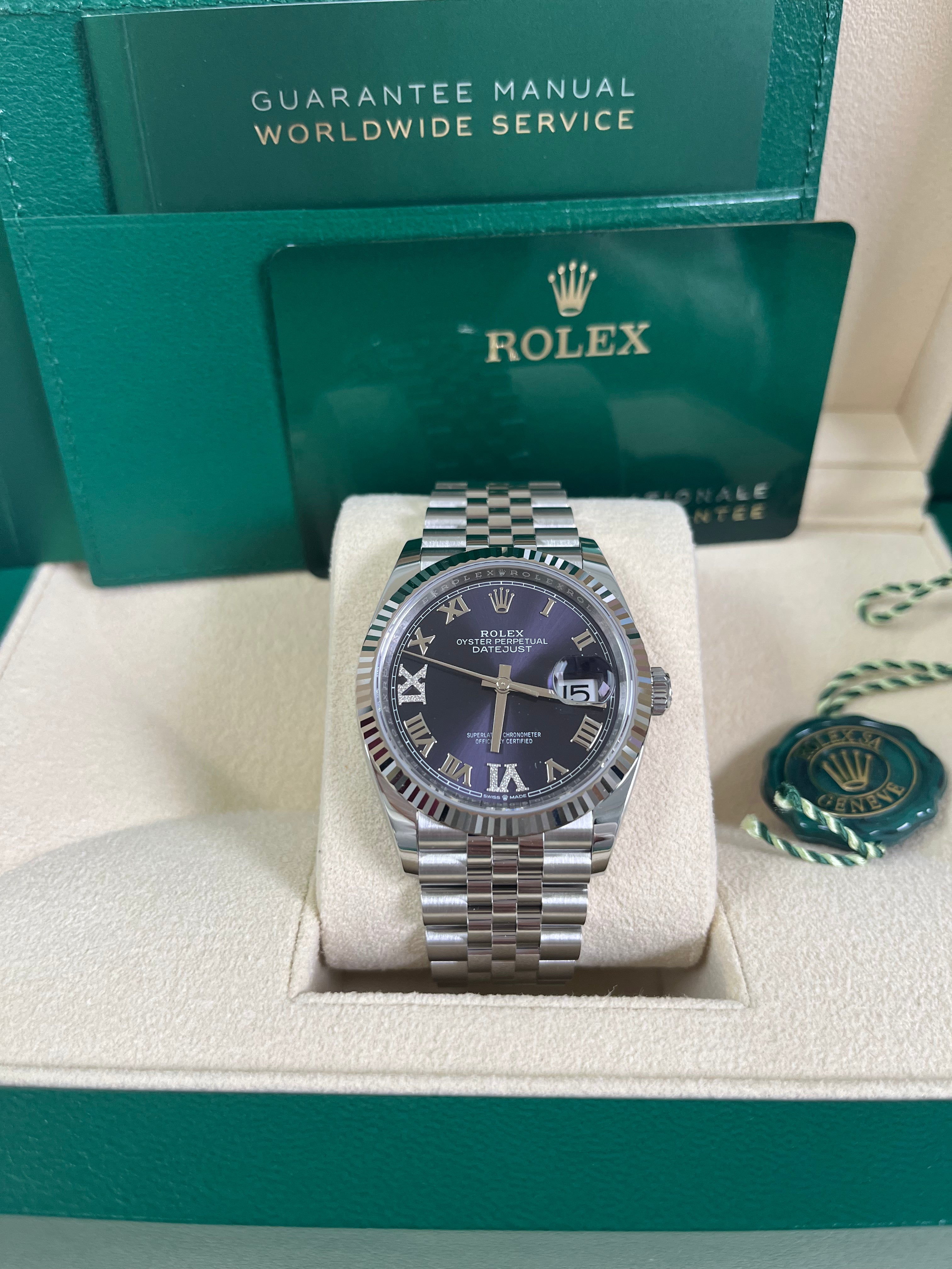 Rolex Datejust 36mm Watch - Fluted Bezel, Aubergine Purple Diamond Dial with Roman VI & IX Markers, Jubilee Bracelet (Ref#126234) - Luxury Dress Watch for Men, Perfect for Business & Formal Occasions