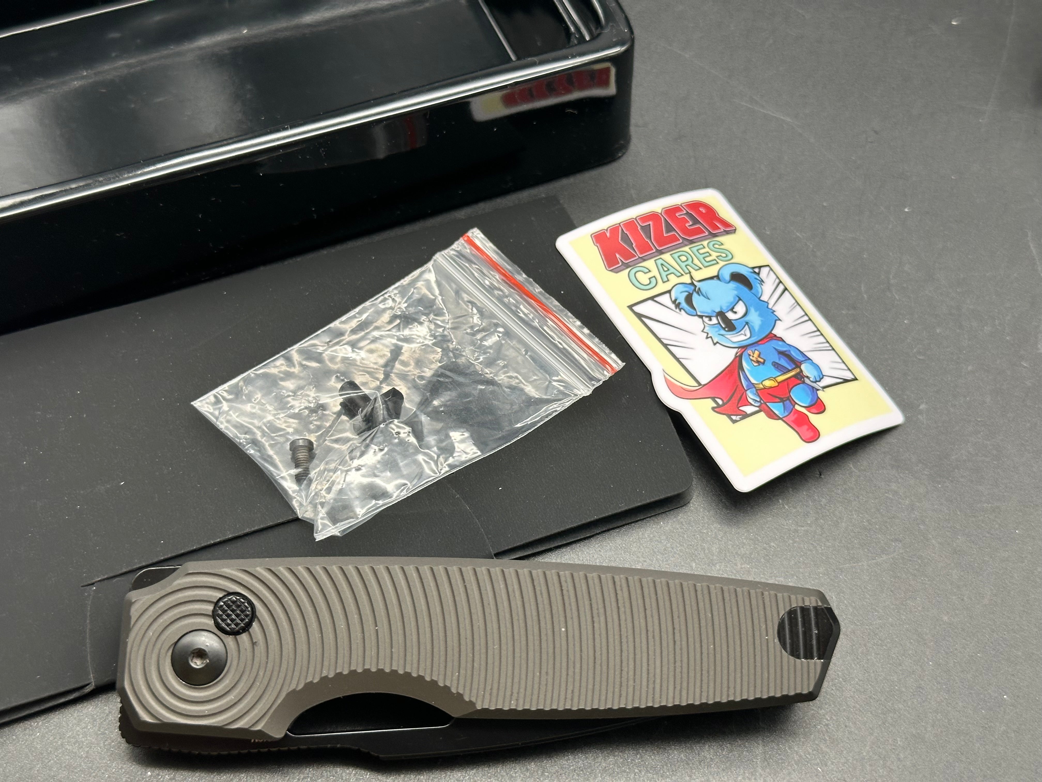 KIZER DOGFISH Button Lock Folding Knife - Black Aluminum Handle - EDC Pocket Knife for Camping, Hiking & Outdoor Activities