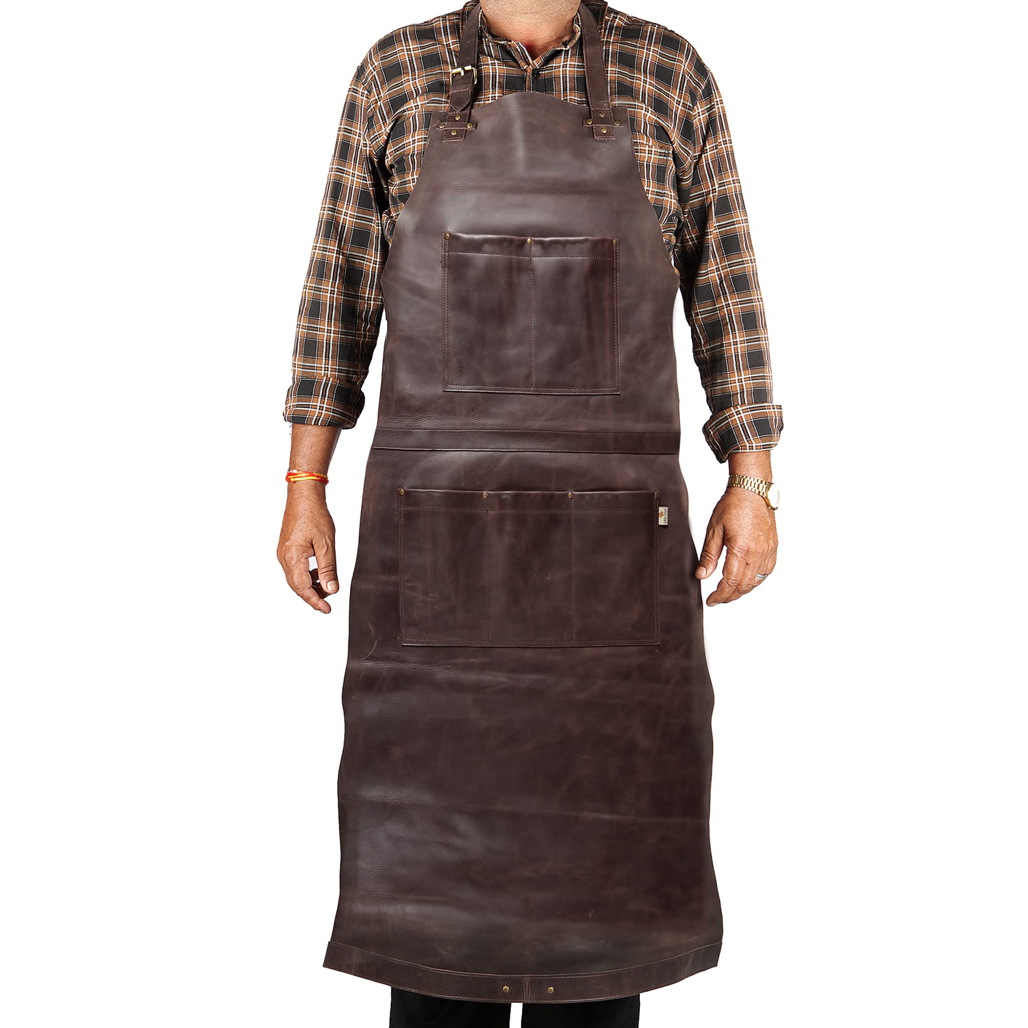 D DOLLY LAMB Premium Leather Apron - Heat & Flame Resistant Heavy Duty Work Apron with Adjustable Straps & Multiple Pockets - Perfect for BBQ, Grilling, Welding & Kitchen Use