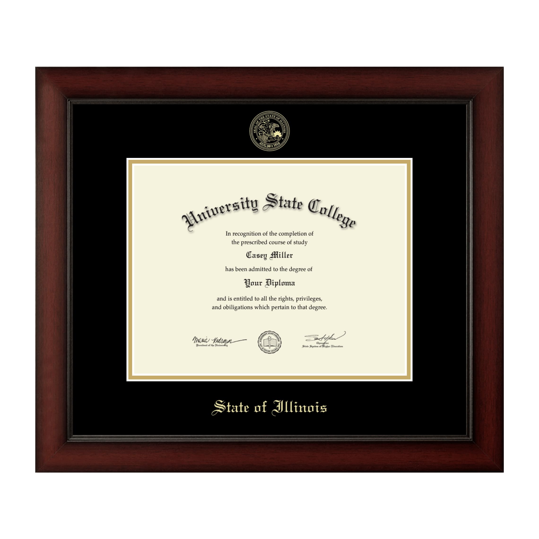 State of Illinois 11x8.5 Inch Gold Embossed Certificate Frame - Cherry Wood Moulding with Black & Gold Mat - Perfect for Diplomas, Awards & Office Decor