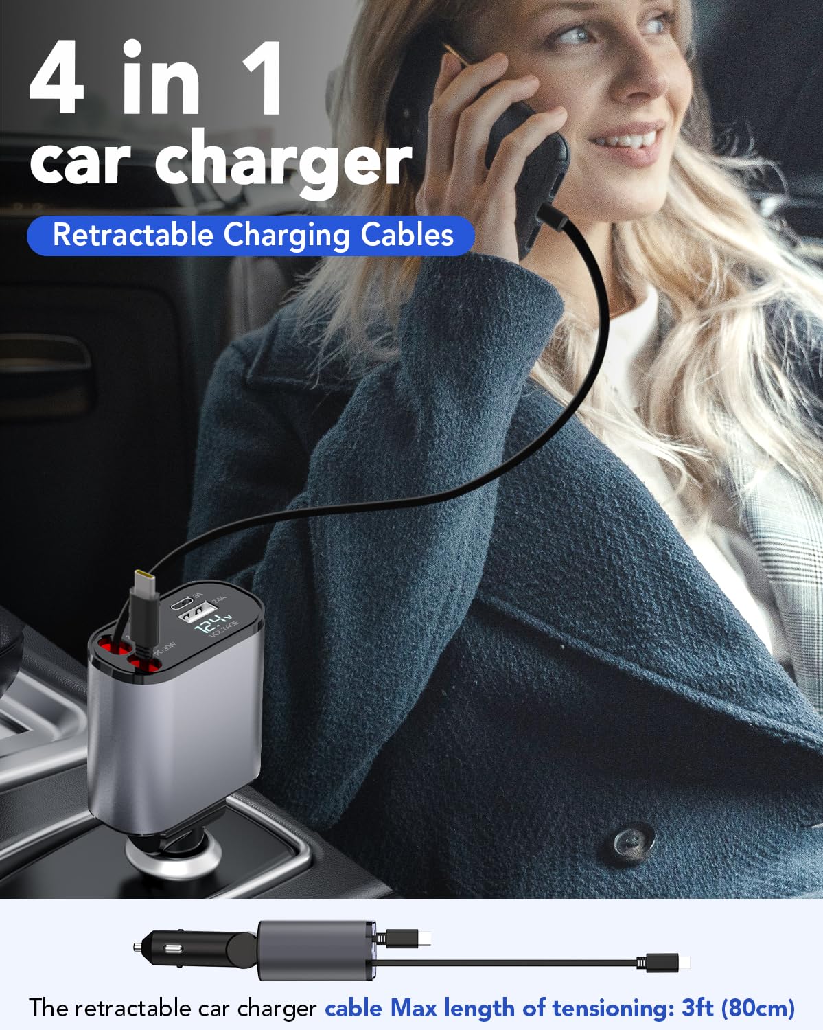 69W Retractable 4-in-1 USB C Car Charger Adapter - Fast Charging for iPhone 16/15/14/13/12/11, Galaxy & Pixel - Perfect Road Trip Essential & Gift for Men & Women | Ideal for Long Drives, Commuting & Emergency Charging