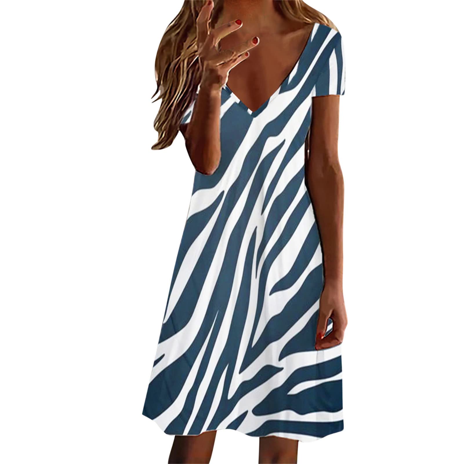Pinkpaopao Women's Summer T-Shirt Dress - Deep V-Neck Floral Printed Short Sleeve A-Line Tunic Dress for Casual Wear, Beach, Vacation & Date Night