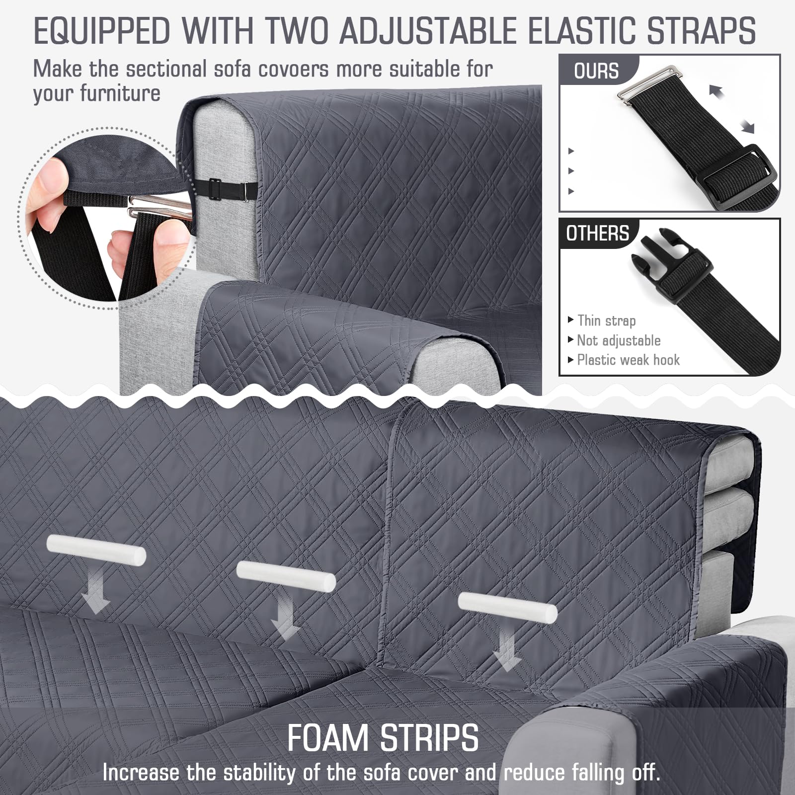 **Waterproof L-Shaped Sectional Sofa Cover 3-Piece Set - Reversible, Pet & Kid Friendly Furniture Protector with Elastic Straps (X-Large, Dark Grey) - Perfect for Living Room, Family Room & Pet-Friendly Homes**