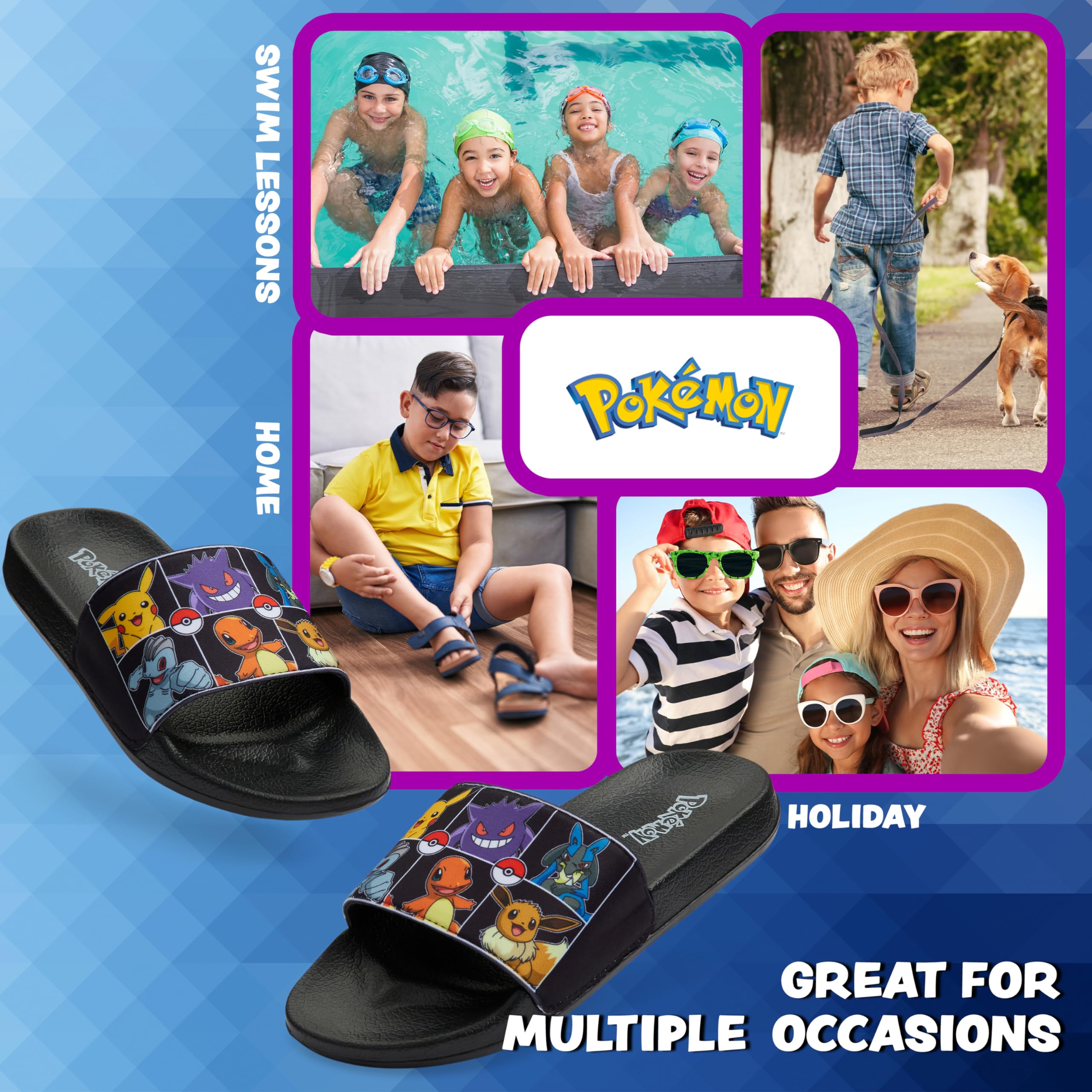 Pokemon Boys Slides - Kids Beach & Pool Shoes with Non-Slip Soles | Comfortable Water Sandals for Summer, Swimming, Vacation & Outdoor Play | Perfect Gamer Gift for Boys & Girls