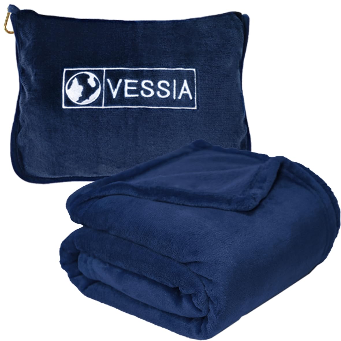 Vessia Travel Blanket - Soft & Warm Airplane Blanket for Adults & Kids | Compact Portable Flight Blanket with Storage Bag, Luggage Sleeve & Backpack Clip | Perfect for Air Travel, Road Trips & Camping (Navy Blue)