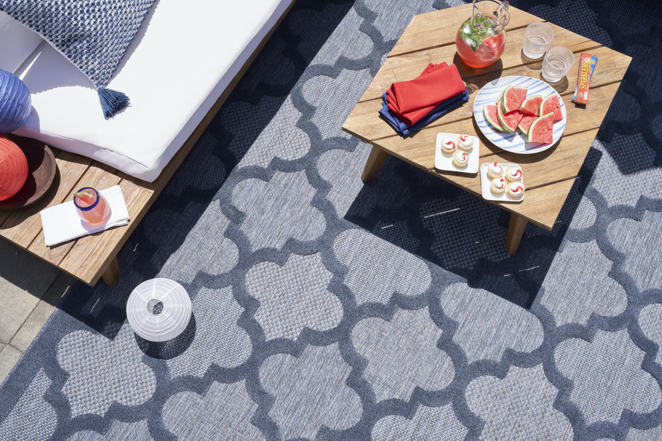 Nourison Easy Care Moroccan Denim Blue 7' x 10' Area Rug - Trellis Pattern, Stain Resistant & Non-Shedding for Easy Cleaning | Perfect for Bedroom, Living Room, Dining Room, Backyard, Deck & Patio Decor (7x10)